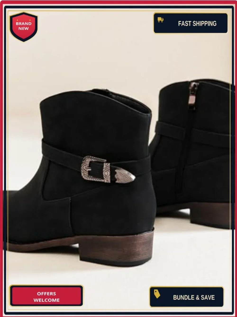 Faux Leather Ankle Boots Low Chunky Heel Side Zipper Western Cowboy Round Toe